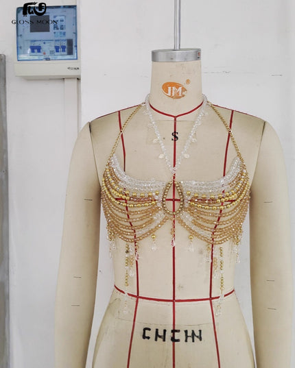 Glossmoon New Colorful Beads Gemstone Heavy Craft Sexy Hot Girl Tank Top Vest Chest Chain Bikini Nightclub Beach Bikini Jewelry