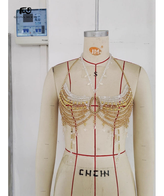 Glossmoon New Colorful Beads Gemstone Heavy Craft Sexy Hot Girl Tank Top Vest Chest Chain Bikini Nightclub Beach Bikini Jewelry