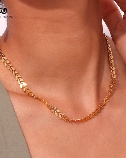 Glossmoon European and American Simple Niche Hot-Selling Titanium Steel Bracelet and Anklet Set Stainless Steel 18K Gold Plated Leaf Fish Tail Chain Necklace