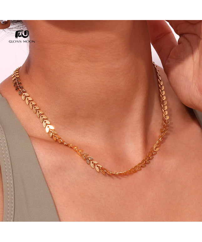 Glossmoon European and American Simple Niche Hot-Selling Titanium Steel Bracelet and Anklet Set Stainless Steel 18K Gold Plated Leaf Fish Tail Chain Necklace