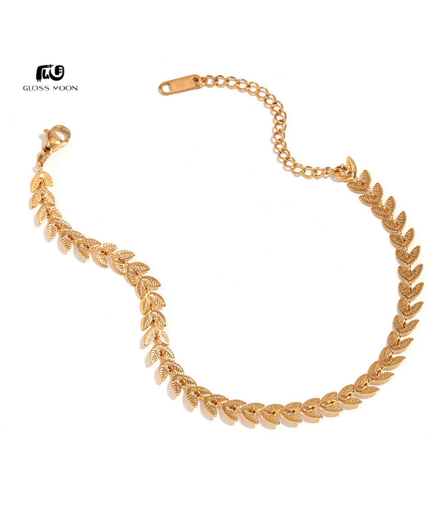 Glossmoon European and American Simple Niche Hot-Selling Titanium Steel Bracelet and Anklet Set Stainless Steel 18K Gold Plated Leaf Fish Tail Chain Necklace