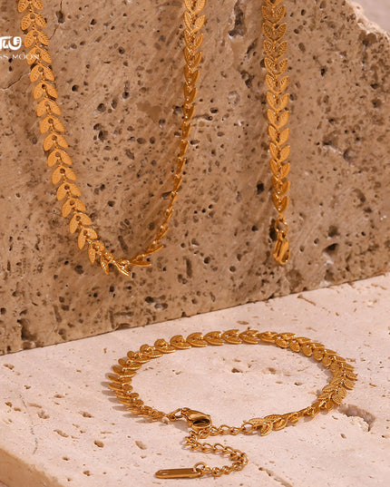 Gloss Moon European and American Simple Niche Hot-Selling Titanium Steel Bracelet and Anklet Set Stainless Steel 18K Gold Plated Leaf Fish Tail Chain Necklace