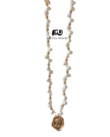 Gloss Moon Fresh Fashion Pearl Stone-Shaped Pearl Chain Queen Tag Necklace High-End Design Feminine Temperament