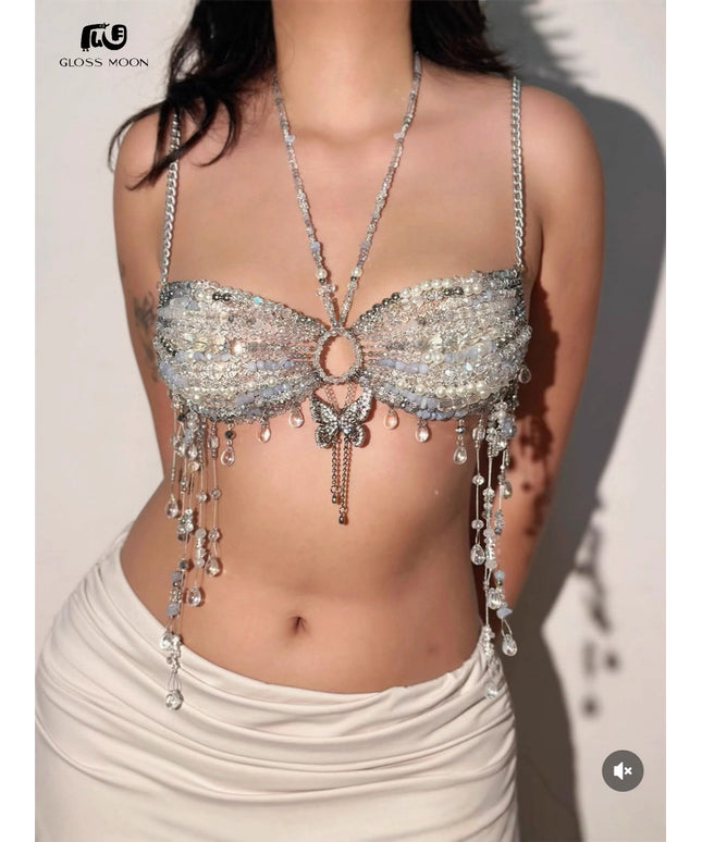 Glossmoon Fashion Multi Beaded Bra Halter Top Hot Girl Butterfly Pendant Small Vest Body Chain Chest Chain Bikini Beach Nightclub Body Chain
