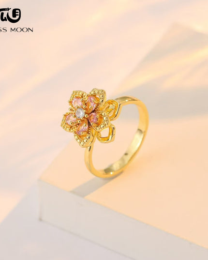 Gloss Moon rotatable ring Jewelry, Internet Celebrity Rotating Purple Plum Blossom Zircon Flower, Niche Fashion New Style