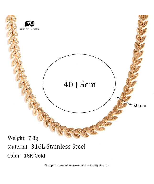 Glossmoon European and American Simple Niche Hot-Selling Titanium Steel Bracelet and Anklet Set Stainless Steel 18K Gold Plated Leaf Fish Tail Chain Necklace