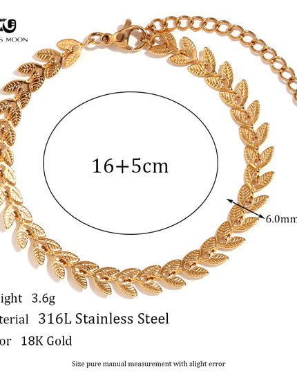 Glossmoon European and American Simple Niche Hot-Selling Titanium Steel Bracelet and Anklet Set Stainless Steel 18K Gold Plated Leaf Fish Tail Chain Necklace