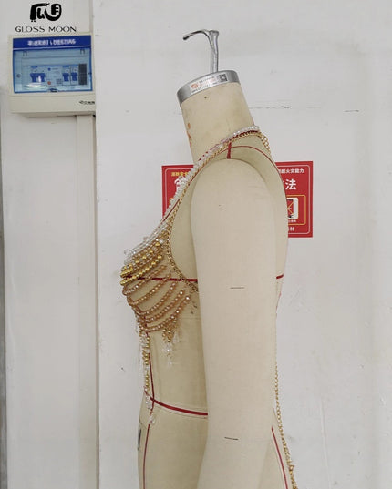 Glossmoon New Colorful Beads Gemstone Heavy Craft Sexy Hot Girl Tank Top Vest Chest Chain Bikini Nightclub Beach Bikini Jewelry