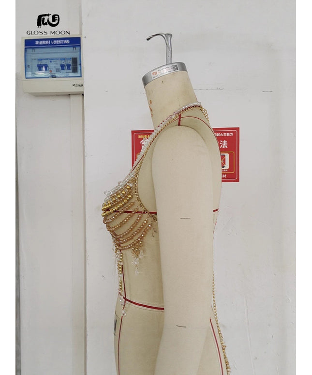 Glossmoon New Colorful Beads Gemstone Heavy Craft Sexy Hot Girl Tank Top Vest Chest Chain Bikini Nightclub Beach Bikini Jewelry