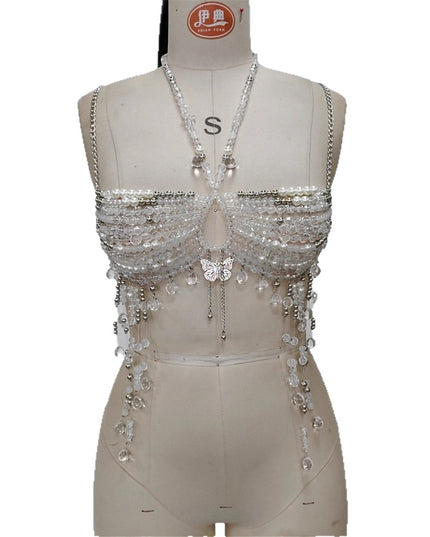 Glossmoon Fashion Multi Beaded Bra Halter Top Hot Girl Butterfly Pendant Small Vest Body Chain Chest Chain Bikini Beach Nightclub Body Chain