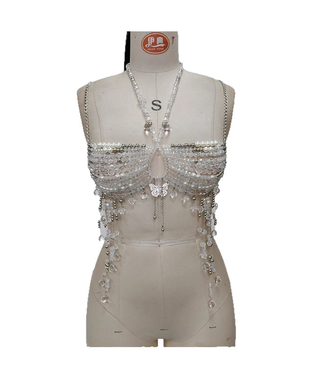Glossmoon Fashion Multi Beaded Bra Halter Top Hot Girl Butterfly Pendant Small Vest Body Chain Chest Chain Bikini Beach Nightclub Body Chain