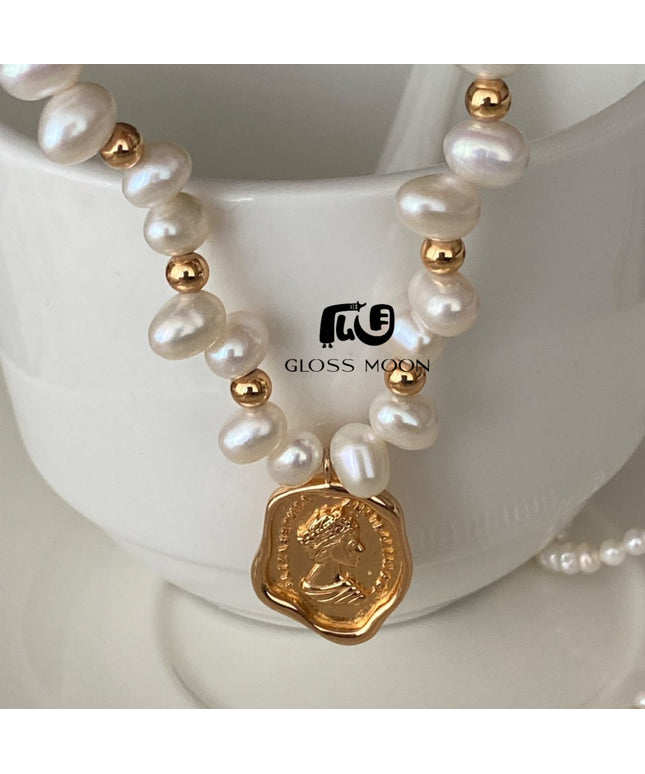Glossmoon Fresh Fashion Pearl Stone-Shaped Pearl Chain Queen Tag Necklace High-End Design Feminine Temperament