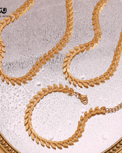 Glossmoon European and American Simple Niche Hot-Selling Titanium Steel Bracelet and Anklet Set Stainless Steel 18K Gold Plated Leaf Fish Tail Chain Necklace