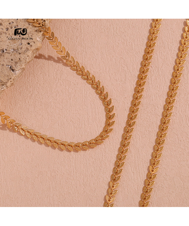 Glossmoon European and American Simple Niche Hot-Selling Titanium Steel Bracelet and Anklet Set Stainless Steel 18K Gold Plated Leaf Fish Tail Chain Necklace