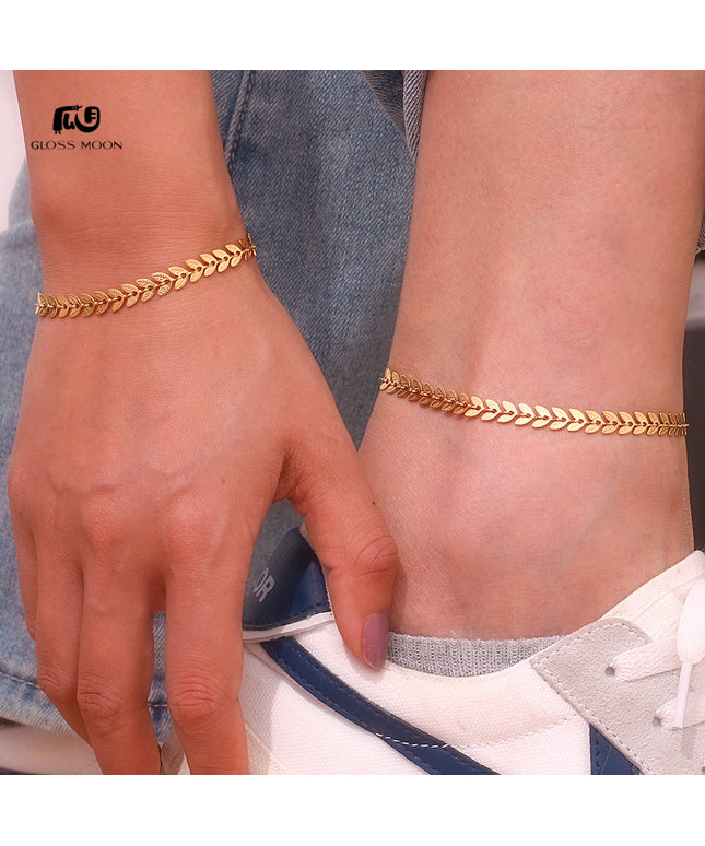 Glossmoon European and American Simple Niche Hot-Selling Titanium Steel Bracelet and Anklet Set Stainless Steel 18K Gold Plated Leaf Fish Tail Chain Necklace