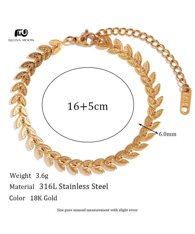 Glossmoon European and American Simple Niche Hot-Selling Titanium Steel Bracelet and Anklet Set Stainless Steel 18K Gold Plated Leaf Fish Tail Chain Necklace