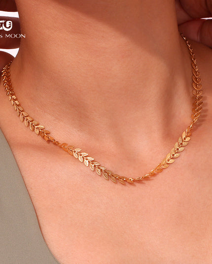 Glossmoon European and American Simple Niche Hot-Selling Titanium Steel Bracelet and Anklet Set Stainless Steel 18K Gold Plated Leaf Fish Tail Chain Necklace