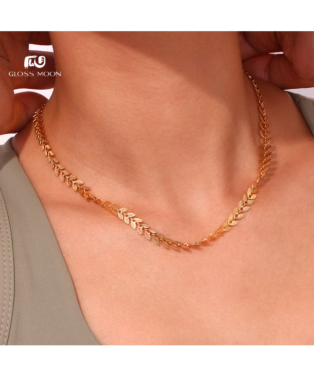Glossmoon European and American Simple Niche Hot-Selling Titanium Steel Bracelet and Anklet Set Stainless Steel 18K Gold Plated Leaf Fish Tail Chain Necklace