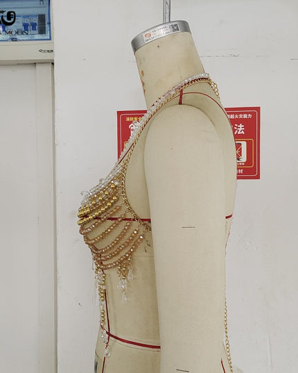 Glossmoon New Colorful Beads Gemstone Heavy Craft Sexy Hot Girl Tank Top Vest Chest Chain Bikini Nightclub Beach Bikini Jewelry