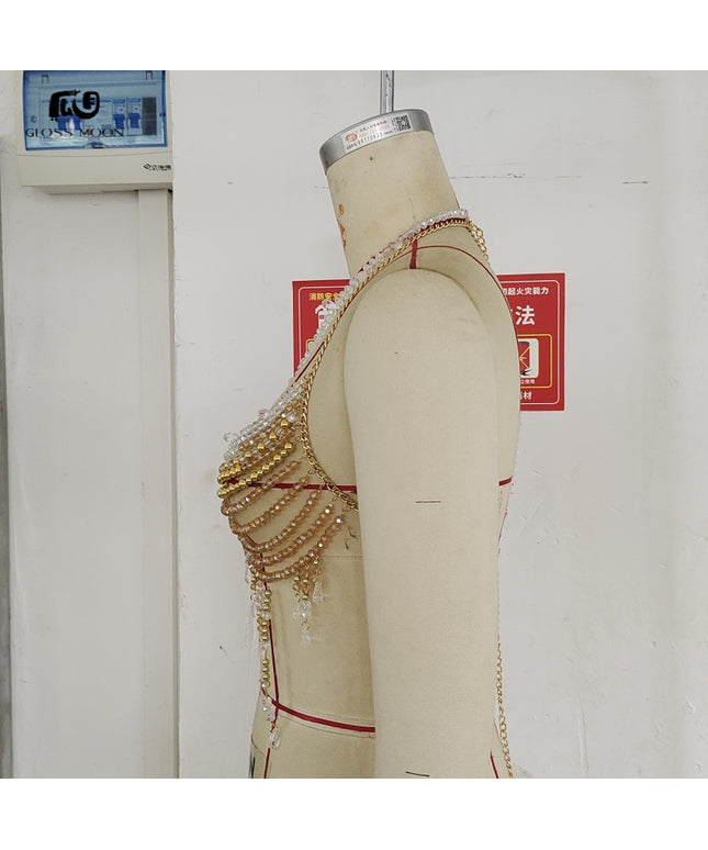 Glossmoon New Colorful Beads Gemstone Heavy Craft Sexy Hot Girl Tank Top Vest Chest Chain Bikini Nightclub Beach Bikini Jewelry