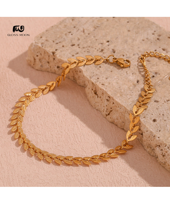 Glossmoon European and American Simple Niche Hot-Selling Titanium Steel Bracelet and Anklet Set Stainless Steel 18K Gold Plated Leaf Fish Tail Chain Necklace