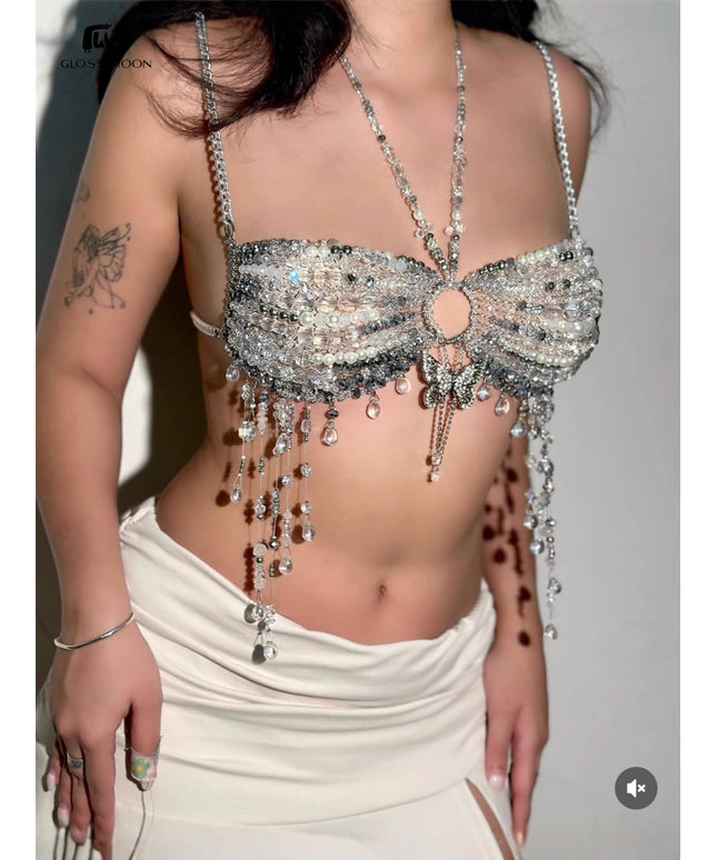 Glossmoon Fashion Multi Beaded Bra Halter Top Hot Girl Butterfly Pendant Small Vest Body Chain Chest Chain Bikini Beach Nightclub Body Chain