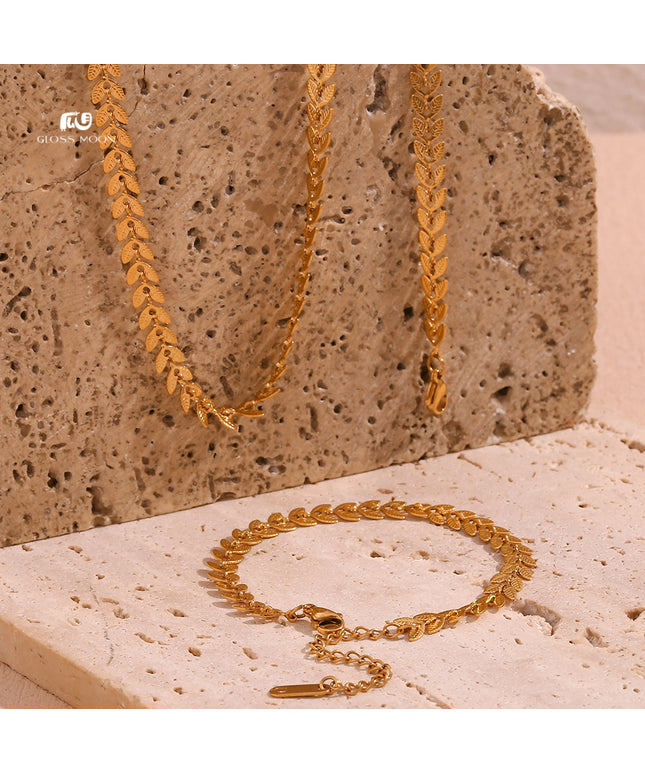 Glossmoon European and American Simple Niche Hot-Selling Titanium Steel Bracelet and Anklet Set Stainless Steel 18K Gold Plated Leaf Fish Tail Chain Necklace