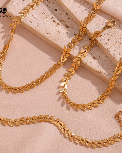 Glossmoon European and American Simple Niche Hot-Selling Titanium Steel Bracelet and Anklet Set Stainless Steel 18K Gold Plated Leaf Fish Tail Chain Necklace