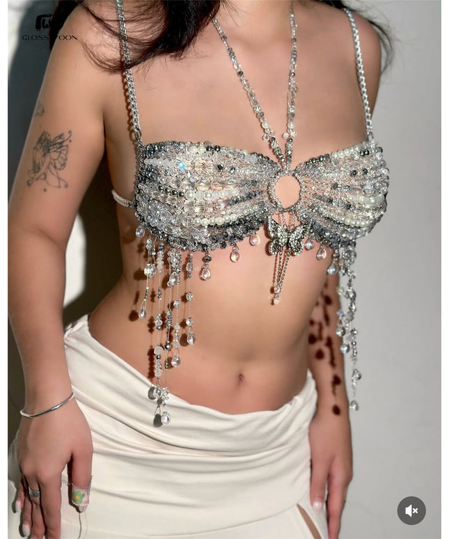 Glossmoon Fashion Multi Beaded Bra Halter Top Hot Girl Butterfly Pendant Small Vest Body Chain Chest Chain Bikini Beach Nightclub Body Chain