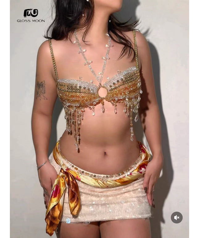 Glossmoon New Colorful Beads Gemstone Heavy Craft Sexy Hot Girl Tank Top Vest Chest Chain Bikini Nightclub Beach Bikini Jewelry