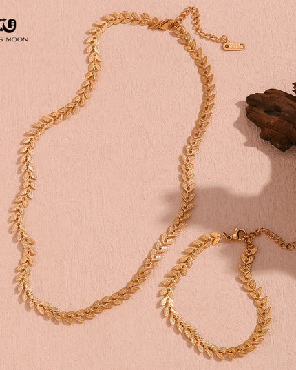 Glossmoon European and American Simple Niche Hot-Selling Titanium Steel Bracelet and Anklet Set Stainless Steel 18K Gold Plated Leaf Fish Tail Chain Necklace