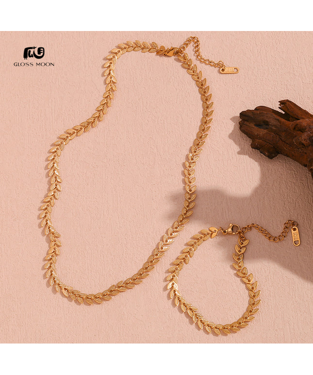 Glossmoon European and American Simple Niche Hot-Selling Titanium Steel Bracelet and Anklet Set Stainless Steel 18K Gold Plated Leaf Fish Tail Chain Necklace