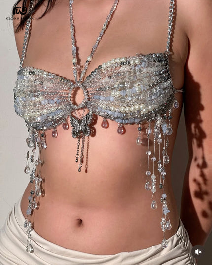 Glossmoon Fashion Multi Beaded Bra Halter Top Hot Girl Butterfly Pendant Small Vest Body Chain Chest Chain Bikini Beach Nightclub Body Chain