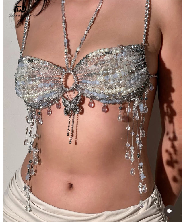 Glossmoon Fashion Multi Beaded Bra Halter Top Hot Girl Butterfly Pendant Small Vest Body Chain Chest Chain Bikini Beach Nightclub Body Chain