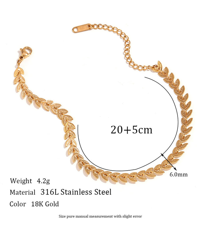 Glossmoon European and American Simple Niche Hot-Selling Titanium Steel Bracelet and Anklet Set Stainless Steel 18K Gold Plated Leaf Fish Tail Chain Necklace