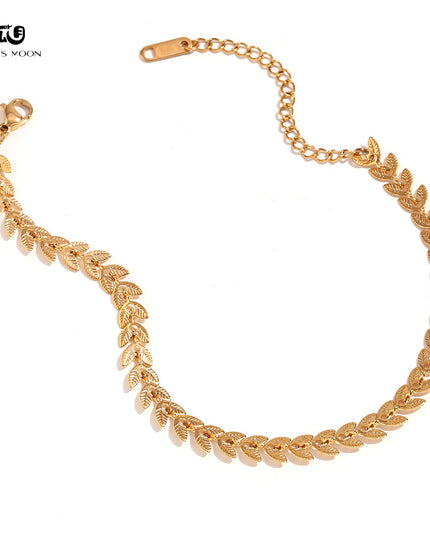 Glossmoon European and American Simple Niche Hot-Selling Titanium Steel Bracelet and Anklet Set Stainless Steel 18K Gold Plated Leaf Fish Tail Chain Necklace