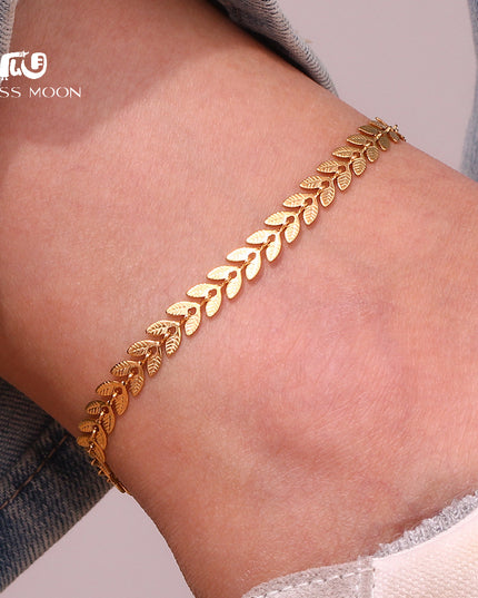 Glossmoon European and American Simple Niche Hot-Selling Titanium Steel Bracelet and Anklet Set Stainless Steel 18K Gold Plated Leaf Fish Tail Chain Necklace