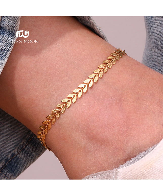 Glossmoon European and American Simple Niche Hot-Selling Titanium Steel Bracelet and Anklet Set Stainless Steel 18K Gold Plated Leaf Fish Tail Chain Necklace