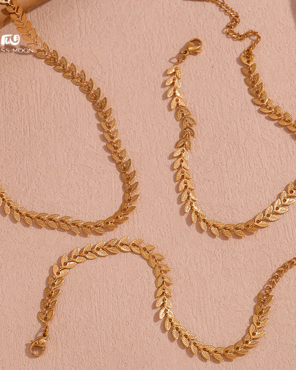 Glossmoon European and American Simple Niche Hot-Selling Titanium Steel Bracelet and Anklet Set Stainless Steel 18K Gold Plated Leaf Fish Tail Chain Necklace