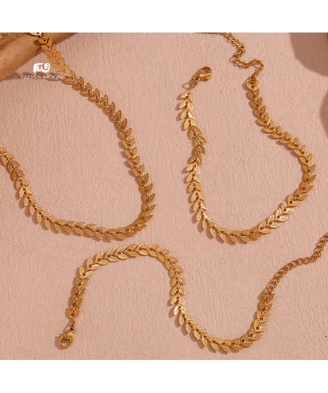 Glossmoon European and American Simple Niche Hot-Selling Titanium Steel Bracelet and Anklet Set Stainless Steel 18K Gold Plated Leaf Fish Tail Chain Necklace