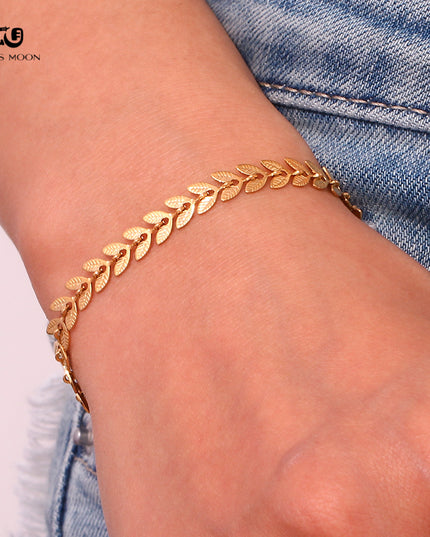 Gloss Moon European and American Simple Niche Hot-Selling Titanium Steel Bracelet and Anklet Set Stainless Steel 18K Gold Plated Leaf Fish Tail Chain Necklace