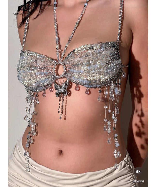 Glossmoon Fashion Multi Beaded Bra Halter Top Hot Girl Butterfly Pendant Small Vest Body Chain Chest Chain Bikini Beach Nightclub Body Chain