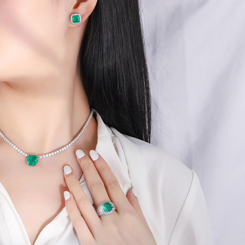 S925 silver simulation green earrings ring set