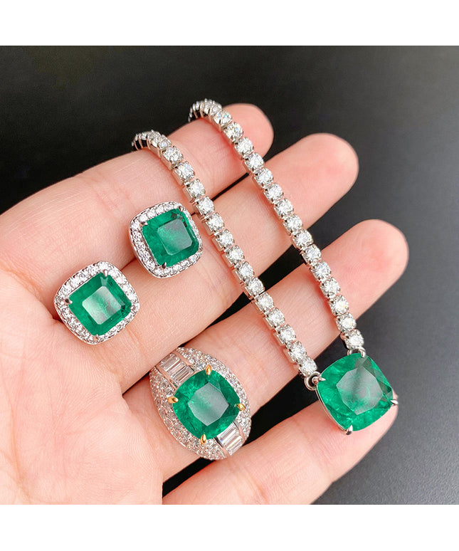 S925 silver simulation green earrings ring set