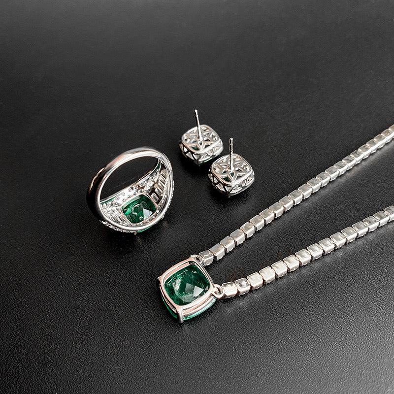 S925 silver simulation green earrings ring set