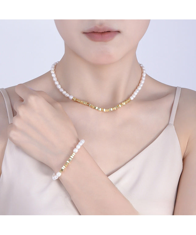Nordic style ins style temperament broken gold freshwater pearl stitching fashion necklace versatile