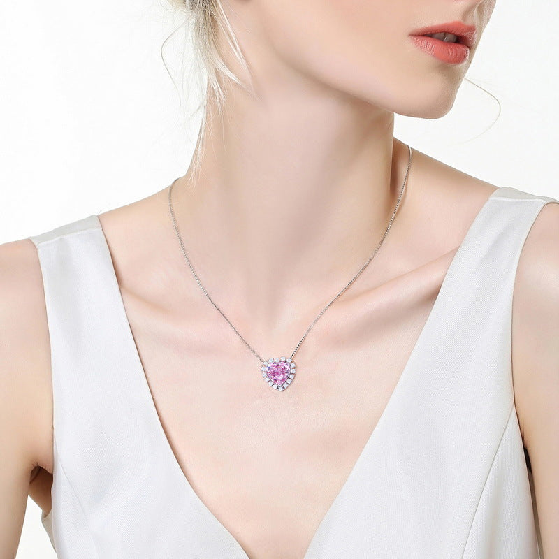 High-end jewelry pink heart-shaped 10*10MM high carbon diamond pendant 925 silver necklace