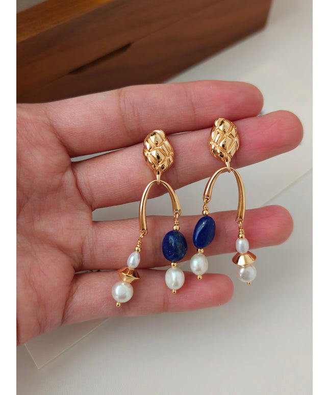 S925 sterling silver plated with 18k gold｜Natural pearls｜Lapis lazuli earrings