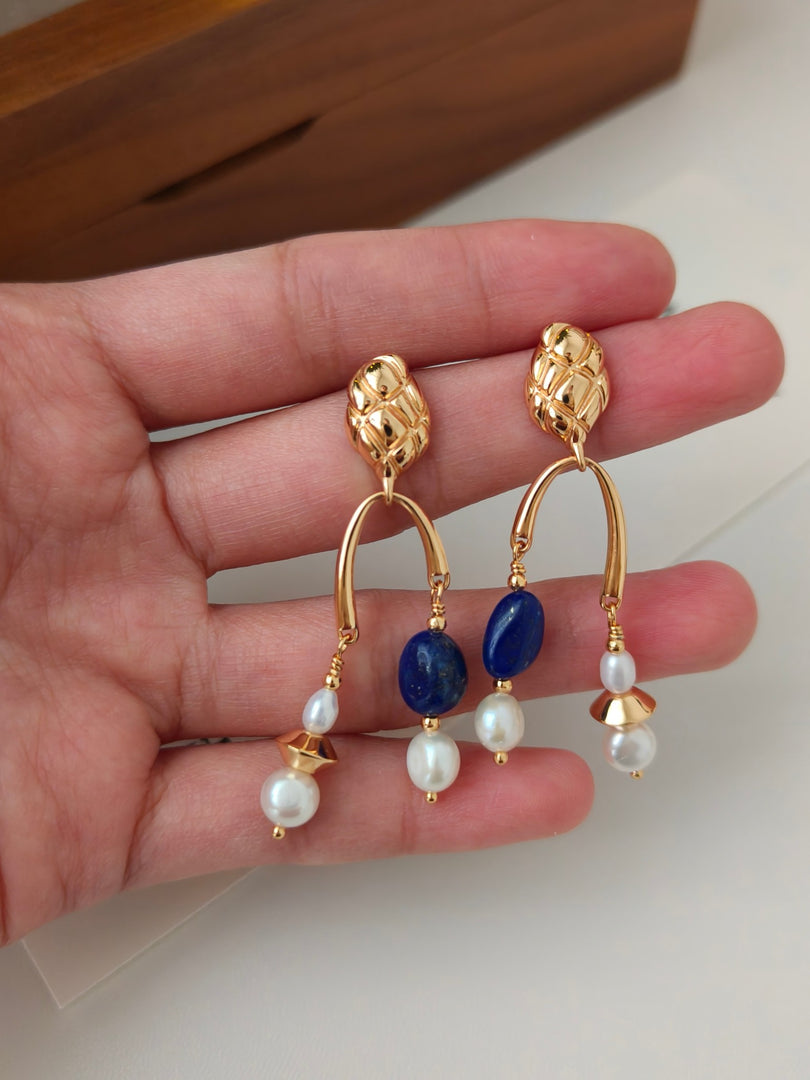 S925 sterling silver plated with 18k gold｜Natural pearls｜Lapis lazuli earrings