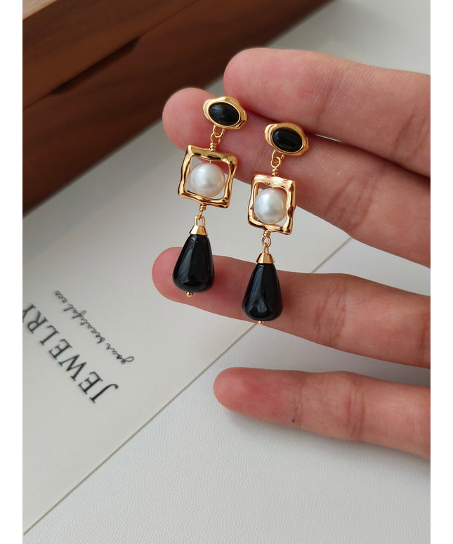 18K Gold-Plated Agate & Pearl Earrings